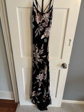 Primavera Black Sequin Floral Prom Gown with Rose-Gold Accents